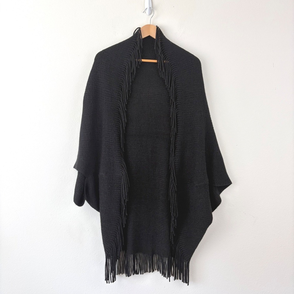 Boho Chic Black Fringe Knit Mud Pie Wrap Cardigan One Size Open Front Shawl